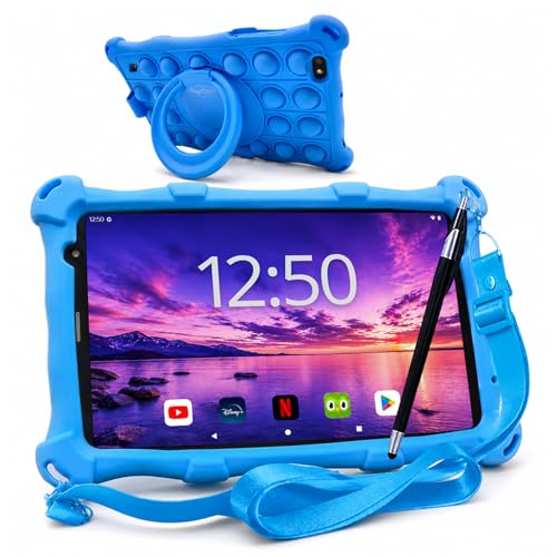 AngelTech Kindertablet Pro Max - Android 16 Kinder Tablet mit Kindersicherung - 8 Zoll HD 2025-4GB RAM + 4GB virtuell, 64GB ROM - Tablet für Kinder mit Schutzhülle - Blau