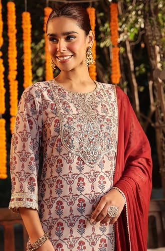 Image of Janasya Women's Georgette Yoke Zari Embroidered Ajarakh Printed Straight Kurta Set