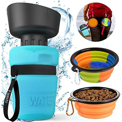 Dog Water Bottle, Portable Dog Travel Water Bottle for Walking Hiking Upgraded 2 in 1 Pet Water Bottle with 2 Collapsible Bowls, 520ml Leakproof Foldable Water Food Bowl for Dog Cat Pet BPA Free Cover
