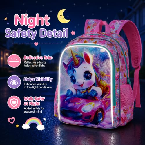 Image of HPJGD 3PCS Girls Unicorn Bookbag Set, Kids Sports Car Backpack Set for Girls with Lunch Box, Cute Water Resistant Elementary School Bag for Preschool Toddler - Pink Unicorn Sports Car
