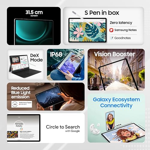 Image of Samsung Galaxy Tab S9 FE+, S Pen in-Box, 31.50 cm (12.4 inch) Display, RAM 12 GB, ROM 256 GB Expandable, WiFi+5G, IP68 Tablet, Gray