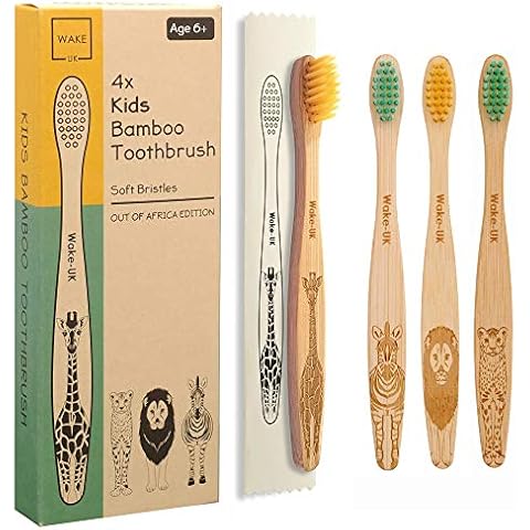 Kids Bamboo Toothbrush for Children Age 6+ | 4 Pack Soft Bristle Toothbrush by Wake UK | Hygienically Sealed | Organic & Natural | Eco Friendly | Wooden, Vegan & Biodegradable Cover