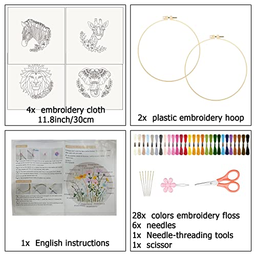 Image of ORIGACH 4 Pcs Wild Animal Embroidery Starters Kit for Beginners, Zebra Lion Elephant Giraffe Embroidery Stitch Practice kit Include Embroidery Cloth, Embroidery Hoops, Threads and Needles
