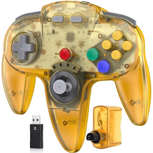 2.4 GHz Wireless N64 Switch Online Controller, USB & N64 Receiver, Compatible with Windows PC Laptop iOS Mac Raspberry Pi, N64 / Switch Online/NSO - (Rechargeable) (Plug and Play) Clear Yellow
