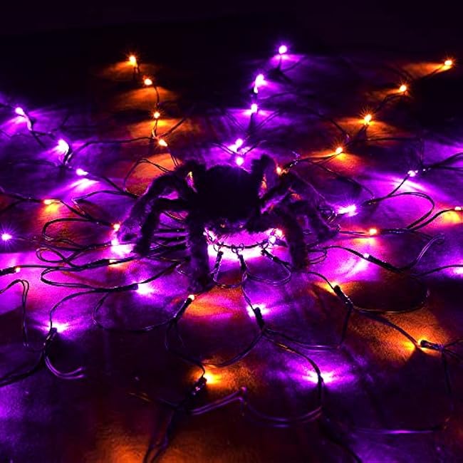 Lomotech Spider Web Lights with Black Spider, 4.26FT Diameter 84 LED Orange Purple Web Lights with 8 Modes, Waterproof with Timer Plugin for Halloween Decorations