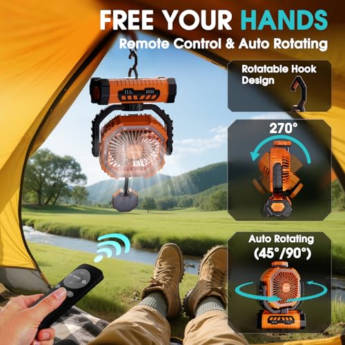 Camping Ventilator 20000mAh, Wiederaufladbarer Tischventilator USB Ventilator mit LED Licht & Haken, 270° Drehung mit Fernbedienung, Camping Fan für Indoor, Outdoor, Zelt, Grillen, Strand - Orange – Bild 5