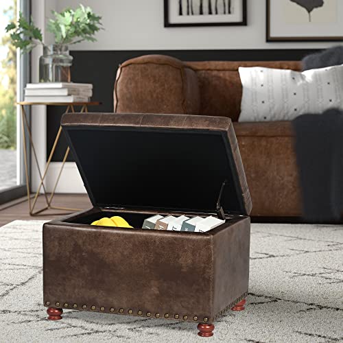 Joveco Leather Storage Ottoman, 24\" Rectangle Tufted Square Upholstered Bench, Foot Rest Stool with Wood Legs, Footstool for Living Room Bedroom, Coffee - Thumbnail 4