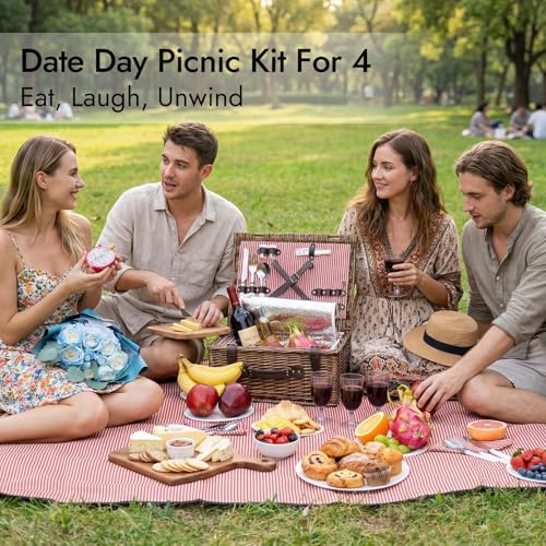 Image of Picnic Basket Set for 4 Persons with Cooler and Waterproof Picnic Blanket, Classical Wicker Picnic Baskets with Waterproof & Sand-Proof Beach Mat,Willow Hamper Service Gift Set