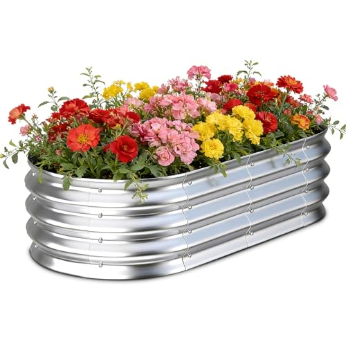 Image of Galvanized Raised Garden Bed Outdoor, 4x2x1ft Metal Heavy Duty Planter Boxes for Gardening, Easy Assemble Bottomless Small Oval Plant Container Kit for Vegetable, Flower, Fruit, Silver, 1Pack