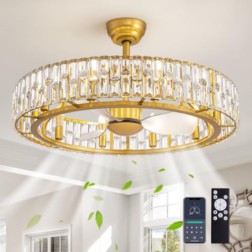 Image of Siljoy Gold Fandelier Ceiling Fan with Light, 31.5'' Modern Crystal Chandelier Ceiling Fans with Lights Remote Control, Large Mid Century Dimmable Fandelier 6 Speeds for Living Room Bedroom Nursery