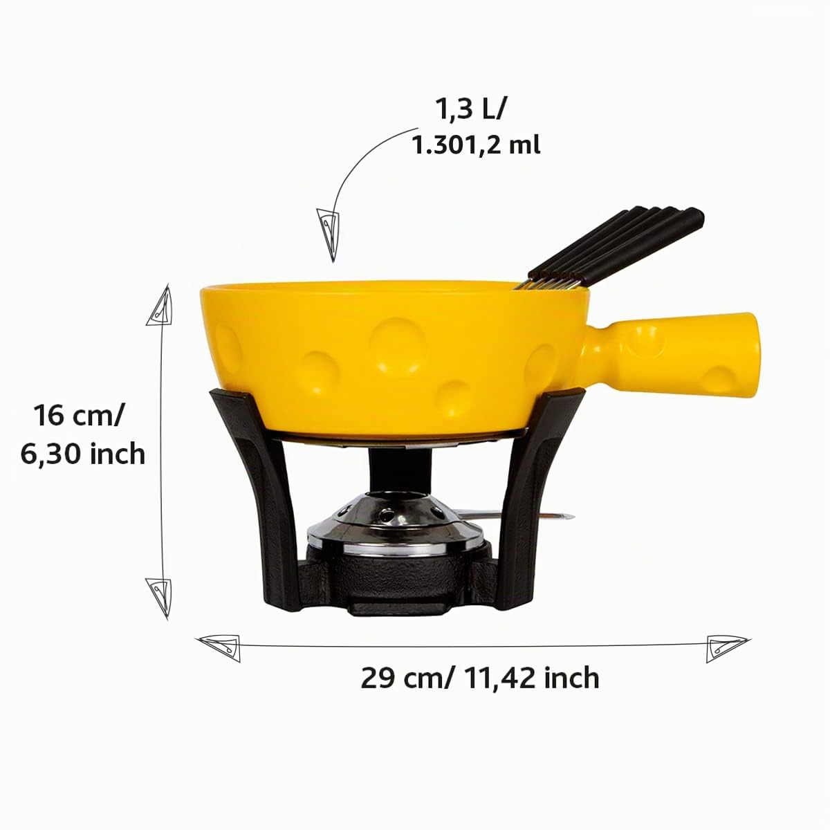 Boska Set de fondue Super Cheesy - Cacerola para fondue en forma de queso - Apto para el lavavajillas - Incluye 6 tenedores de fondue y dos quamadores - Amarillo -1.3L