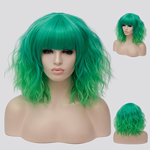 Oneustar Green Wig With Bangs Colored Wigs Short Bob Wavy Wigs For Girls Synthetic Cosplay Wig For Halloween Costume Party Fancy Dress 14 Inches #TOP3