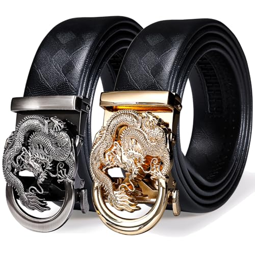 Image of Barry.Wang Mens Ratchet Belt 2 Pack Buckle Gift Set Dress Belts Leather Slide Strap Automatic 1 3 /8 inch Wedding Business