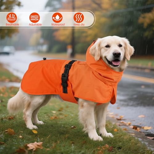 Image of BRKURLEG Dog Raincoat, Waterproof Rain Jacket with Hood, Orange, XXL