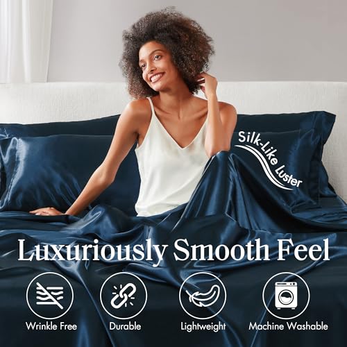 Image of Madison Park Essentials Satin Sheets King Bed Set, 6 Pcs, Midnight Blue | Luxury and Smooth Silky Bedding with Natural Sheen, All Around Elastic 14 inch Pocket fits up to 16 inch Mattress, Year-Round Cozy