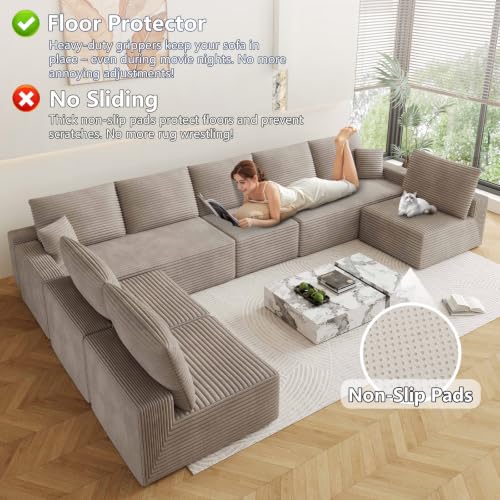 Image of Oversized Modular Sectional Sofa Couch, Large 8 Seater Corner Sofa Modern U Shaped Sectional Couch Cloud Couches for Living Room, Office, Spacious Space, Corduroy, No Assembly Required, Camel