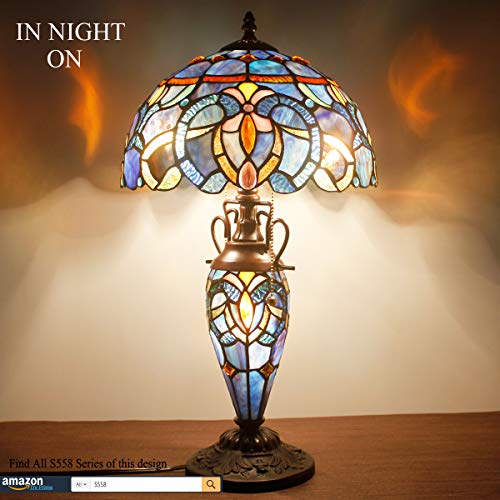 WERFACTORY Tiffany Style Lamp Blue Purple Cloud Stained Glass Table Lamp 12X12X22 Inches Mother-Daughter Vase Desk Reading Light Decor Bedroom Living Room Home Office S558 Series - Thumbnail 2