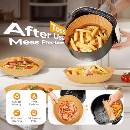 Image of Air Fryer Liners: 8 Inch Max Xl Large Cooker Air Fryer Disposable Paper Liners, 100Pcs Oil Proof Parchment Sheets Round Basket Bowl Liner for Baking Cooking Food from vailnd