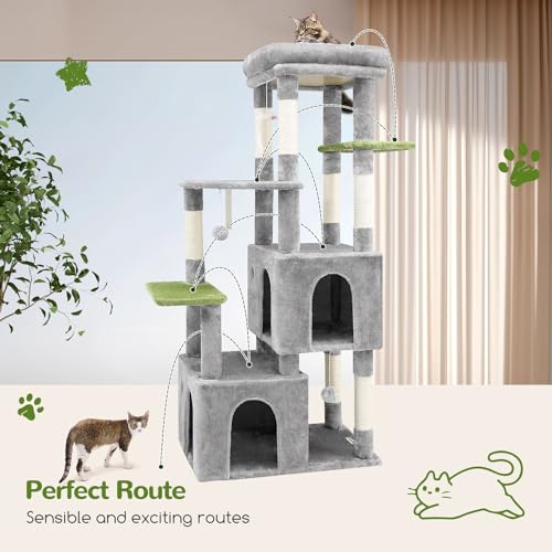 Image of Globlazer Cat Tower for Indoor Cats, Heavy Duty Cat Trees for Large Cats Adult Big Cats Maine Coon Cat Tree Tower with Scratching Post, Extra Large Top Perch, Cat Condos, F61, Light Grey, 61inch