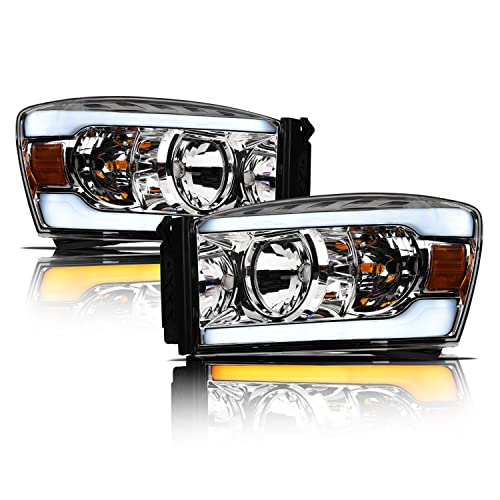 Alpha Owls 8711545 Projector Headlights With Switchback Sequential LED Bar & Startup Light - Chrome Amber Fits 2006-2008 Dodge Ram 1500/2006-2009 2500 3500