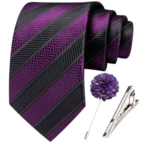 Image of Hi-Tie 63 inches Striped Paisley Extra Long Ties for Men Silk Necktie with Lapel Pin Tie Clip Big and Tall Men Formal Wedding