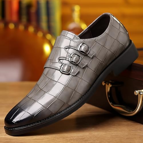 Santimon Men's Crocodile Pattern Leather Monk Strap Shoes, 3-Buckle Slip-On Formal Dress Loafers2