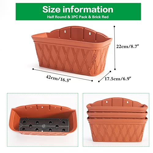 Sungmor Wall Hanging Planters, 16.5 Inch Hanging Flower Pots For Railing Fence - Indoor Outdoor Balcony Wall Hanging Basket, Plastic Plant Pot Container - Rectangle & 3Pc Pack & Brick Red #TOP5