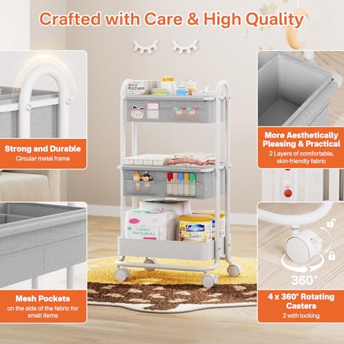 Image of Modanais Baby Diaper Caddy Organizer Cart - 3 Tier Rolling Storage Cart with Wheels, Baby Essentials for Nursery Storage, Detachable Dividers - for Crib, Bedroom, Art & Craft Organizer (Light Gray)