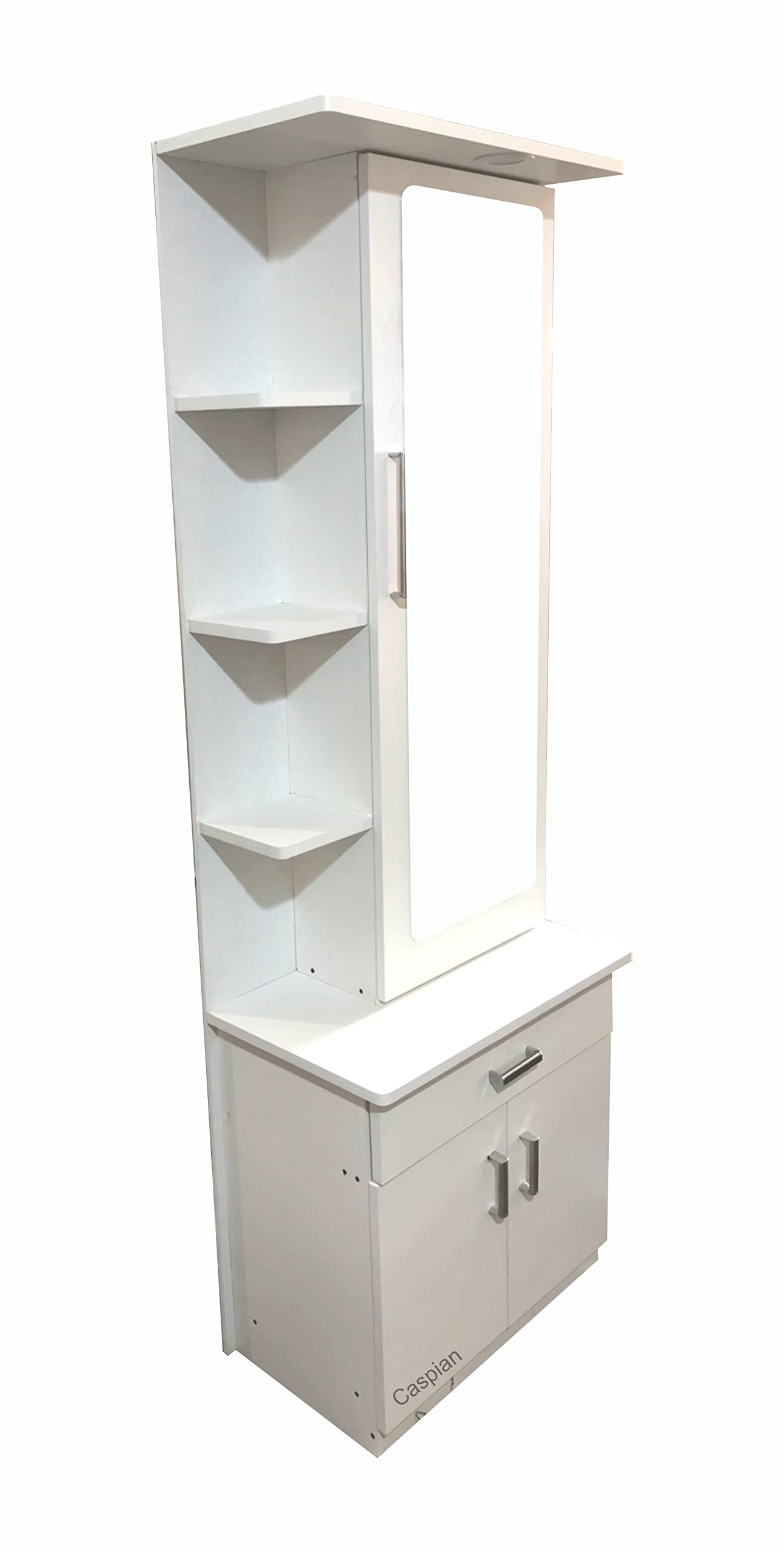 CASPIAN Engineered Wood Single Door Vanity Dressing Table (White) | Pre-Assembled Furniture with Mirror & LED Light | Makeup & Accessories Organizer with 4 Shelves & Drawer 2