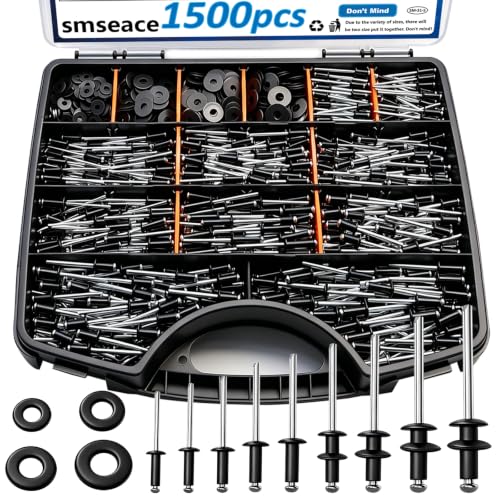 Image of smseace 1500Pcs Black Pop Rivets Kit with Washers in Handheld Box, 14-Size SAE Blind Rivet Assortment 3 /32,1 /8,5 /32,3 /16 Inch, Metal Blind Rivets for Furniture Automotive Instruments Repair