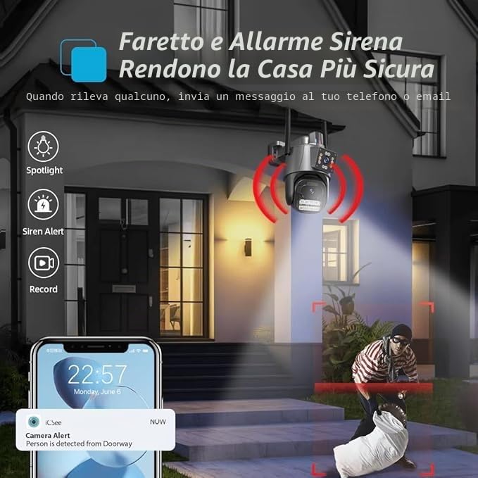 RVT SECURITY Telecamera IP 4K 6MP Esterna WiFi PTZ, CCTV Doppio Obiettivo, Zoom 8X, Visione Notturna a Colori Audio 2 Vie Smart WIFI Camera ICSEE Audio bidirezionale