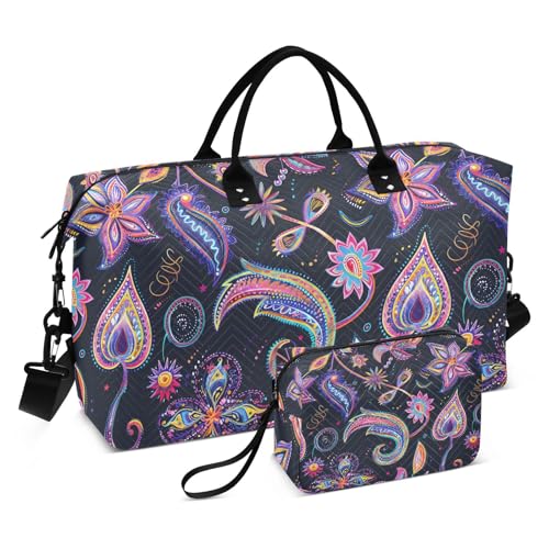 Paisley Bohemian FlowersTravel Duffle Bag,Large Weekender Travel Bag for Women Men Waterproof Luggage Bag with Trolley Sleeve,Airplane Travel Essentials for Flying