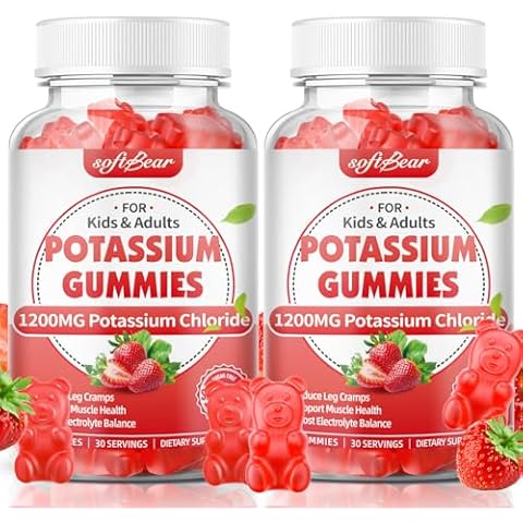 softbear Potassium Gummies for Adults, Sugar Free Potassium Chloride Gummies 1200mg Support Leg Cramps & Electrolyte Balance High Potency Potassium Supplement Gummies Strawberry Flavor 120 Count Cover