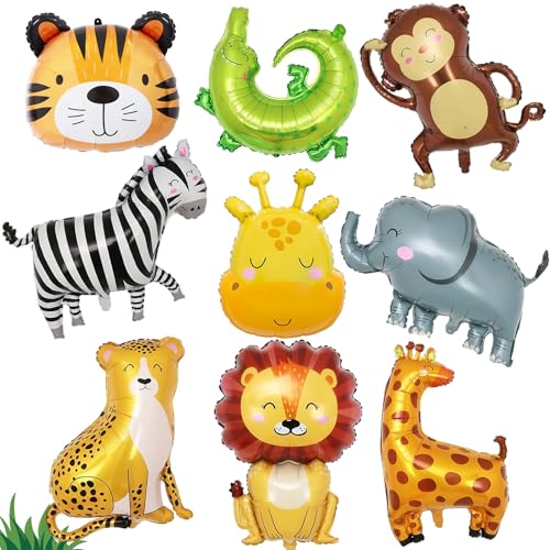 9 peças balões de animais, safari animais balões, selva tema decoração festas, leão, leopardo, girafa e macaco, elefante, elefante, Mylar Ballon, decoração de aniversário infantil para meninos e