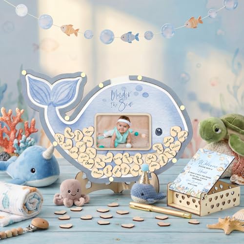 Image of Wenqik 63 Pcs Under the Sea Baby Show Guest Book Alternatives Set Baby Shower Decorations with Photo Frame Sonogram Frame Keepsake 60 Wood Slices Guest Book for Birthday