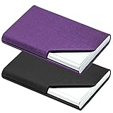 2 PCS Business Name Card Cases, Stainless Steel & PU Leather Card Holder, SENHAI Square Metal ID Wallets for Men & Women, with Magnet Shut - Black & Purple