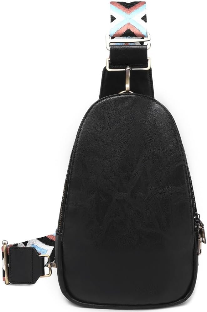 Women Chest Bag Sling Bag Small Crossbody PU Leather Satchel Daypack Shoulder backpack for traveling hiking Cycling (Black LG)