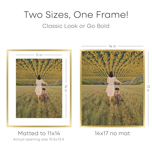 Image of Homeforia 14x17 Picture Frame Gold, High End Metal 14x17 Poster Frames with Mat 11x14 Photo, 14 x 17 Gold Frames Matted to 11 by 14 Print, 17x14 Thin Hanging Frames, Tempered Glass, Wall Kit, Set of 1