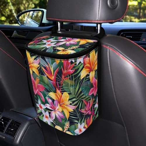 Image of Talayituse Tropical Hiiscus Plumeria Print Car Trash Can with Lid, Leak Proof Auto Trash Bag Hanging Vehicle Garbage Can Multipurpose Storage Container for Back Seat Road Trip