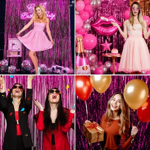 Image of 2 Pack Hot Pink Backdrop Party Decorations Tinsel Foil Fringe Curtain Backdrop Streamer Photo Booth for Wonmen Girl Pink Theme Princess Bachelorette Graduation Birthday Party Decorations