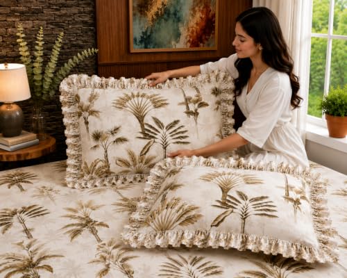 Image of Fitted Bedsheet Queen Size 300 TC Soft Cotton Feel Microfiber All Around Elastic Fitted Double Bedsheet with 2 Frill Pillow Covers | Size (60x78) Dates Tree