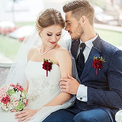 CRASPIRE 6PCS Wedding Boutonniere Wine Red Rose Corsage Buttonhole Flower Groom Groomsman Best Man Wedding Flowers Accessories for Groom Groomsmen Prom - Image 4