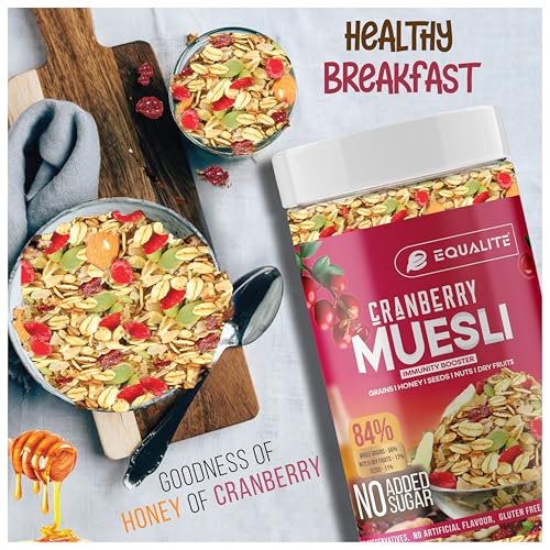 Image of Equalite Cranberry Muesli I Dry fruits I Muesli I Fruit and Nuts I No added sugar I Granola I High protein I Breakfast I Healthy food I Protein food I Gluten Free |No preservatives | High fiber | Omega-3 | High Minerals & Vitamins |Weight loss food I Equalite foods | (1050g, Cranberry Combo(Pack of 3))