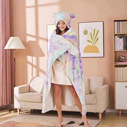 Holawakaka Bear Ears Wearable Hooded Blanket for Woman Man,Super Soft Fluffy Cozy Faux Fur Cloak,Fuzzy Warm Sherpa Fleece Hoodie Throw(Yellow Lilac)
