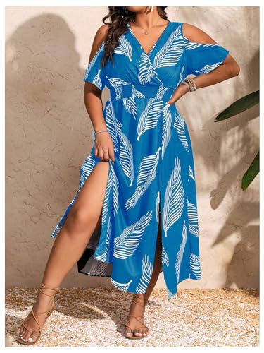 Image of Floerns Women's Plus Size Cold Shoulder Tropical Print V Neck Flared A Line Long Dress