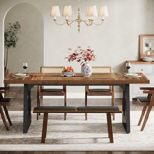 Image of Tribesigns Large Dining Table for 6-8 People, 70.9-Inch Wood Rustic Rectangular Table with Black Wooden Legs, Farmhouse Center Kitchen Table for Dining Room, Living Room, Home Furniture (Dark Brown)