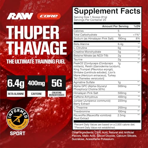 Image of RAW Thuper Thavage Pre Workout Powder - High-Stim Preworkout with Creatine, Beta Alanine, L-Citrulline & Caffeine - Chris Bumstead Gym & Fitness Supplement for Men & Women - 6 Peat (Red Gummy)