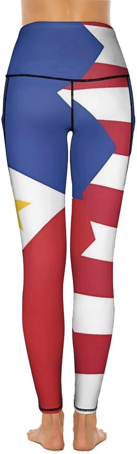 American and Philippines Flag Women's Yoga Pants Leggings with Pockets High Waist Compression Workout Pants