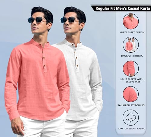 Image of Zombom Combo of Men's Solid Cotton Polyester Blend Full Sleeve Straight Kurta Shirt (Pack of 2)