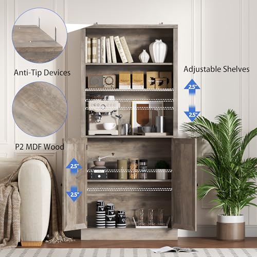Image of BORNOON 70.1 inch Tall Bookshelf with Cabinet, 5-Tier Floor Standing Bookcase with Doors & Adjustable Shelves, 31.5 inch Wide Storage Shelf, Metal Handles, Modern Organizer for Home Office, Living Room